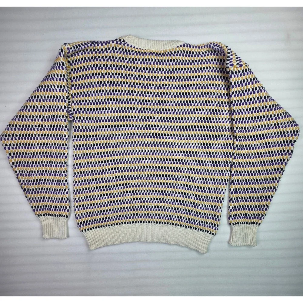 Vintage Eddie Bauer Mens Large Cotton Knit Sweater Multi-Color Crewneck Purple